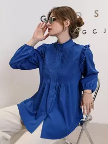 SHEIN Camisa con botón con fruncido de cuello con fruncido - azul real - Ver 1