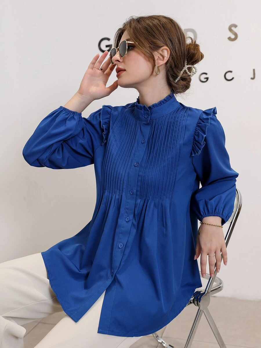 SHEIN Camisa con botón con fruncido de cuello con fruncido - azul real - Ver 1