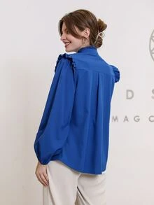 SHEIN Camisa con botón con fruncido de cuello con fruncido - azul real - Ver 2
