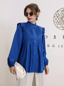 SHEIN Camisa con botón con fruncido de cuello con fruncido - azul real - Ver 3