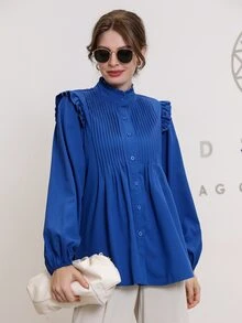SHEIN Camisa con botón con fruncido de cuello con fruncido - azul real - Ver 4