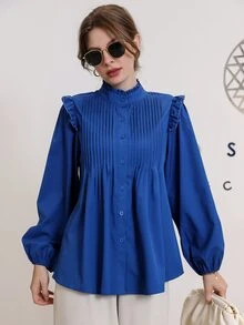 SHEIN Camisa con botón con fruncido de cuello con fruncido - azul real - Ver 5