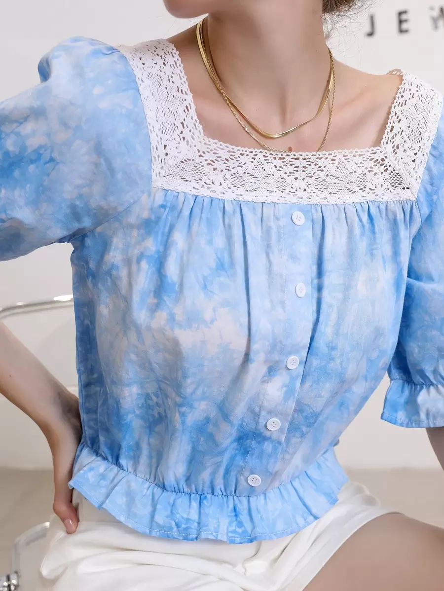 Mulvari Blusa de cuello cuadrado de tie dye ribete con fruncido - Azul - Ver 1