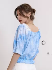 Mulvari Blusa de cuello cuadrado de tie dye ribete con fruncido - Azul - Ver 2
