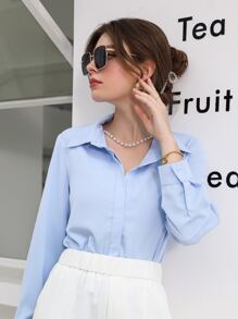 Modelyn Solid Hidden Button Placket Shirt,Long Sleeve Tops Fall Cloth For Women - Blue - View 5