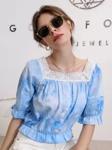 Mulvari Blusa de cuello cuadrado de tie dye ribete con fruncido - Azul - Ver 3