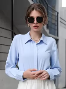 Modelyn Solid Hidden Button Placket Shirt,Long Sleeve Tops Fall Cloth For Women - Blue - View 6