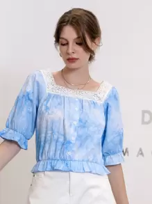 Mulvari Blusa de cuello cuadrado de tie dye ribete con fruncido - Azul - Ver 4