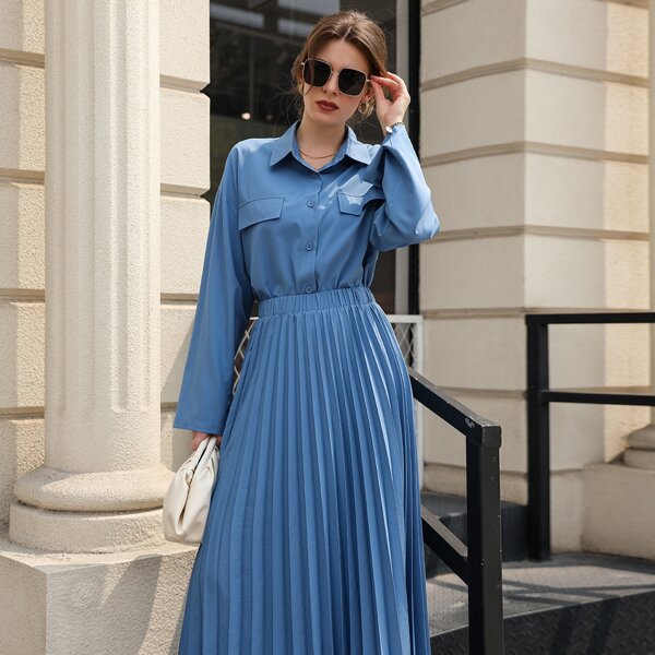 

Solid Drop Shoulder Blouse With Pleated Skirt, Blue