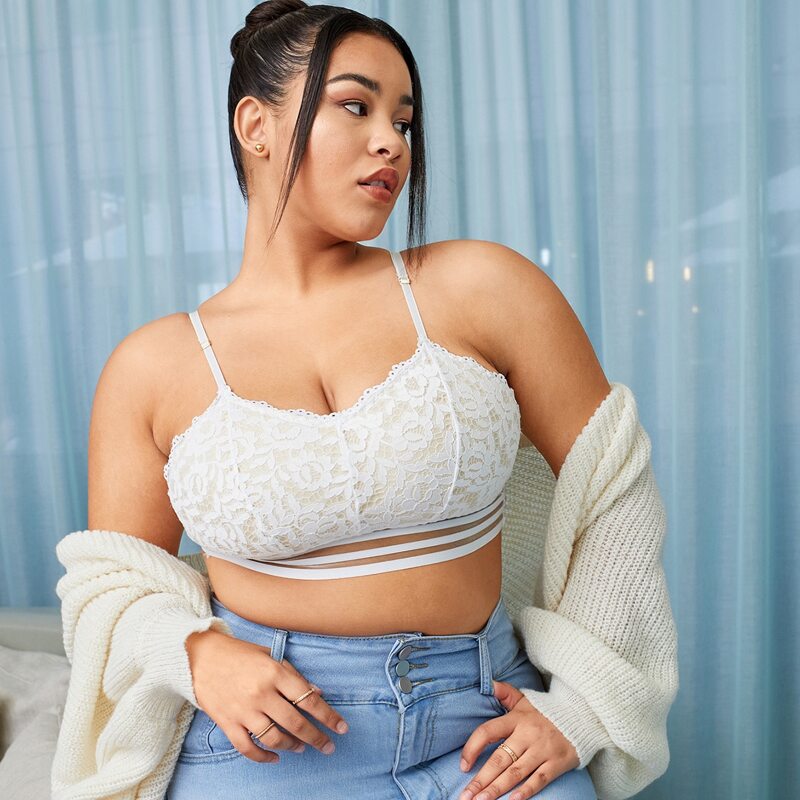 

Plus Floral Lace Mesh Trim Bralette, White