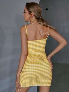 Double Crazy Đầm Nếp gấp Phần Ngực Kẻ sọc Giải trí - Màu vàng - Xem 2