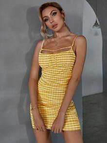 Double Crazy Đầm Nếp gấp Phần Ngực Kẻ sọc Giải trí - Màu vàng - Xem 4
