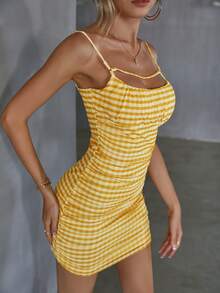 Double Crazy Đầm Nếp gấp Phần Ngực Kẻ sọc Giải trí - Màu vàng - Xem 7