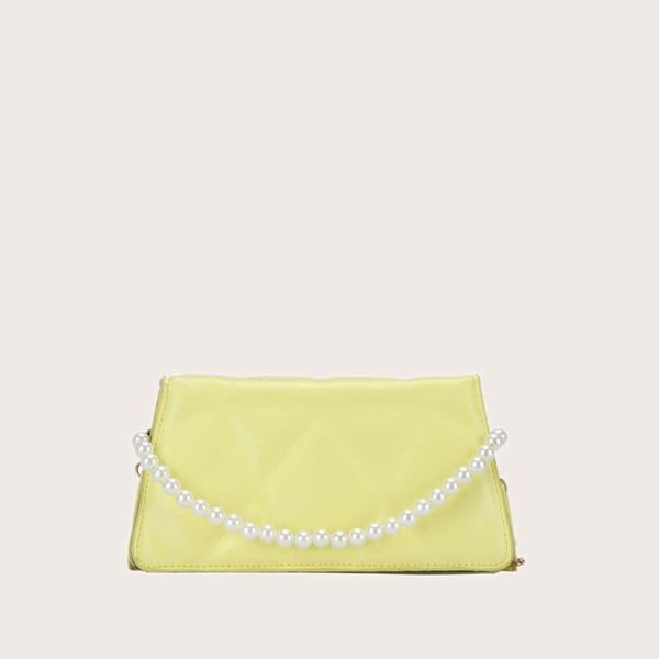

Faux Pearl Decor Quilted Satchel Bag, Yellow