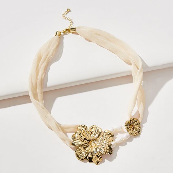 

Faux Pearl & Flower Decor Layered Necklace, Gold