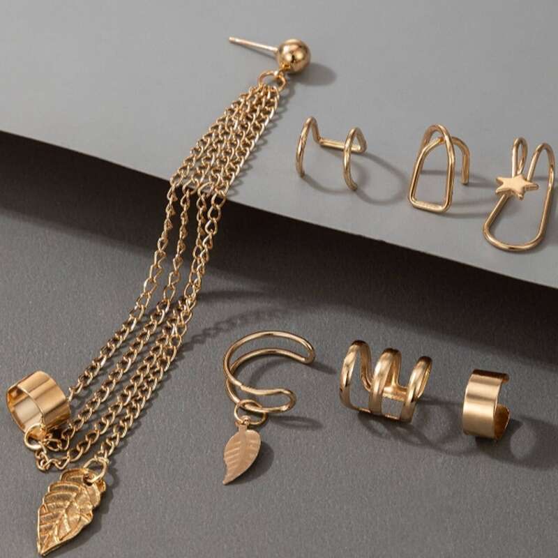 

7pcs Star & Leaf Decor Earrings, Gold