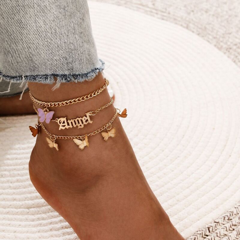

3pcs Letter Decor Chain Anklet, Purple