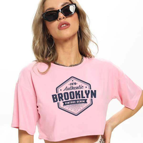 

Letter Graphic Drop Shoulder Crop Tee, Pink
