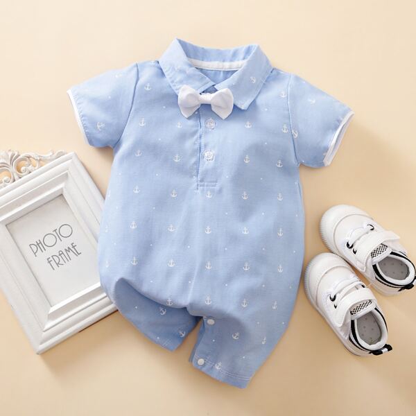 

Baby Boy Bow Front Graphic Print Half Button Romper, Baby blue