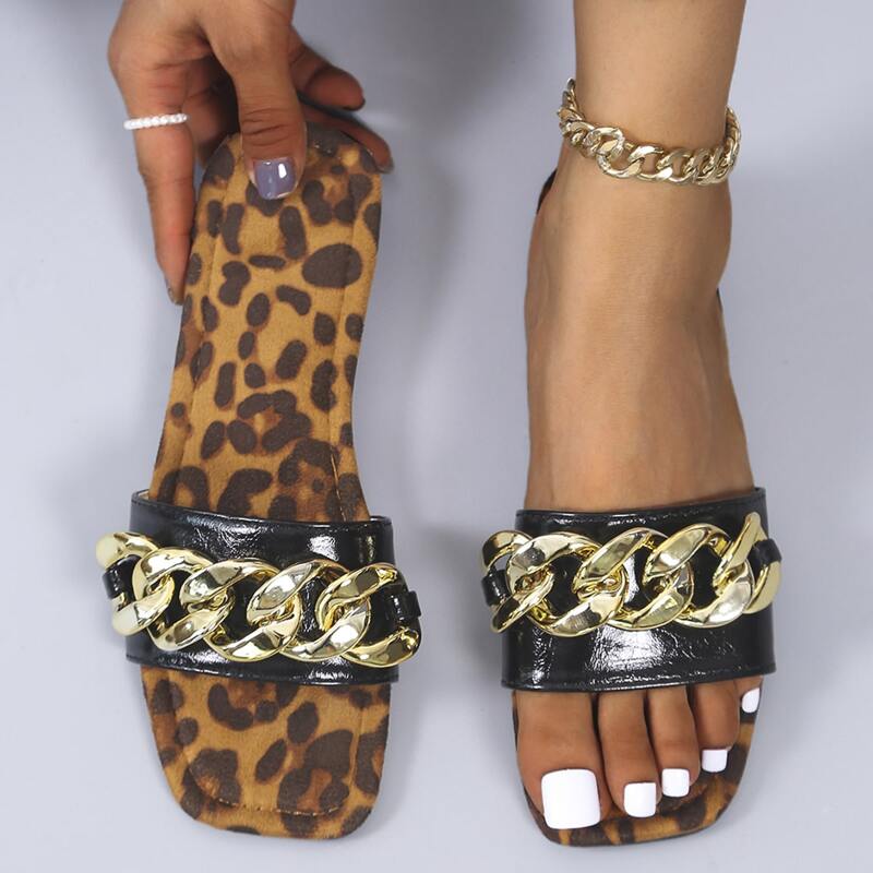 

Chain Decor Leopard Slide Sandals, Black