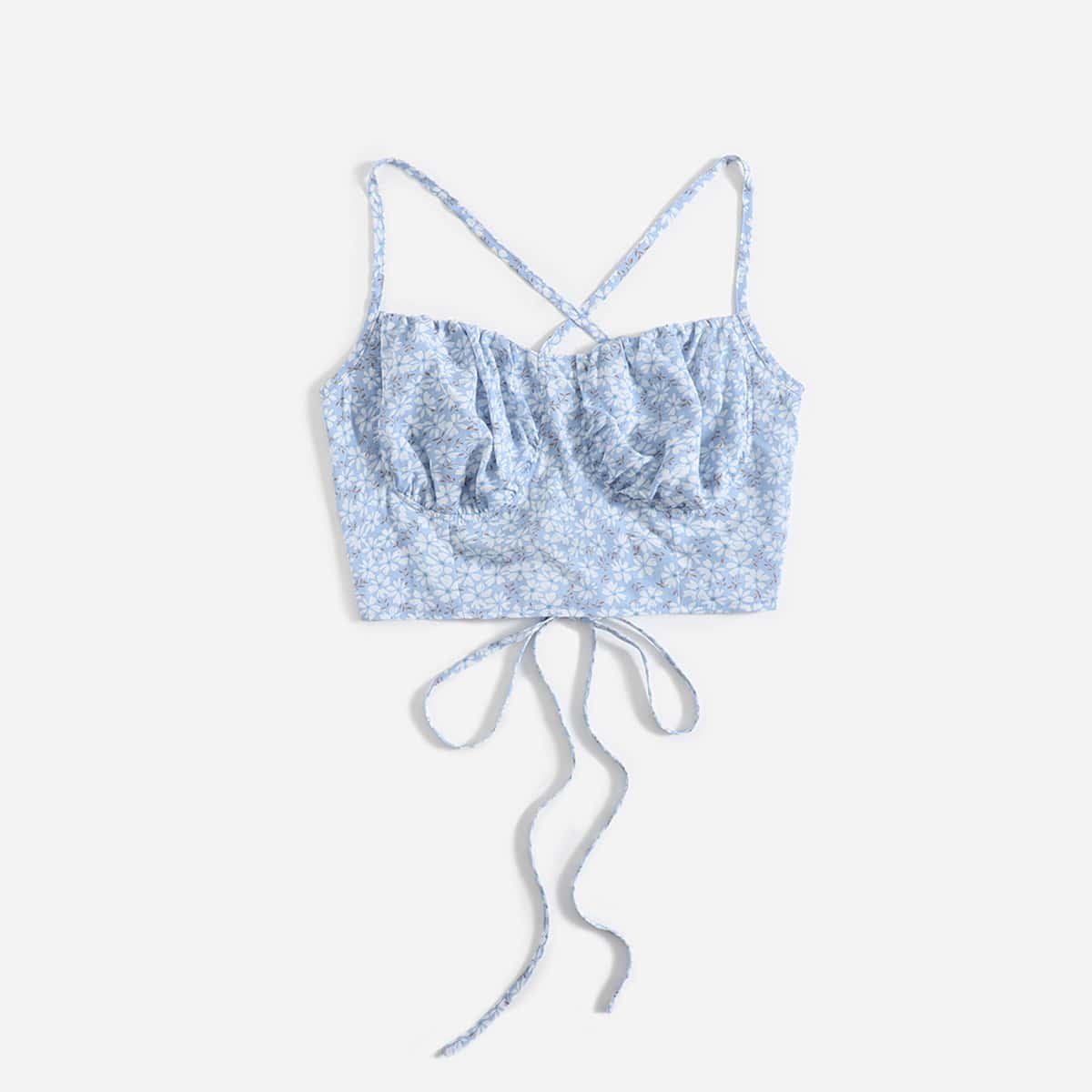 

Floral Ruched Bust Lace Up Crop Cami, Blue