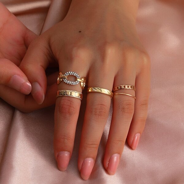 

5pcs Rhinestone Decor Chain Design Ring, Gold