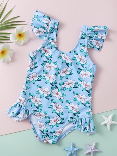 ملابس سباحة طفلة صغيرة كشكش الثوب رسم الزهر لطيفة
