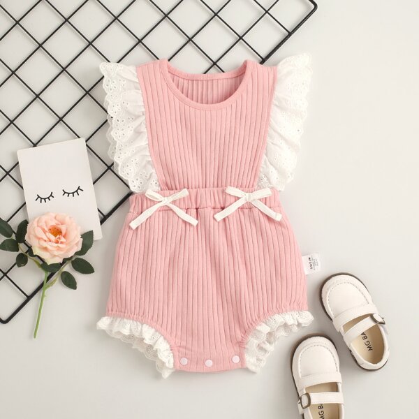 

Baby Girl Eyelet Embroidered Ribbed Romper, Baby pink