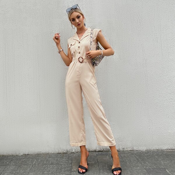 

Flap Pocket O-ring Belted Shirt Jumpsuit, Apricot