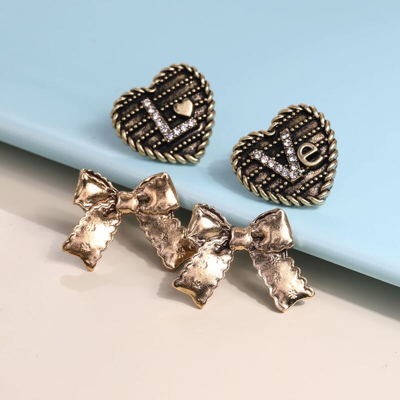 

2pairs Heart & Bow Stud Earrings, Gold