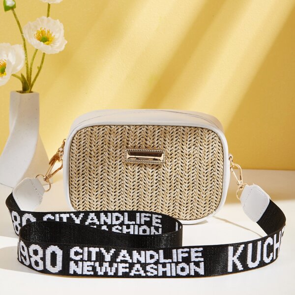 

Metal Decor Straw Bag, Beige