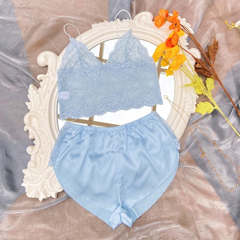 

Lace Cami Top With Satin Shorts Night Set, Baby blue