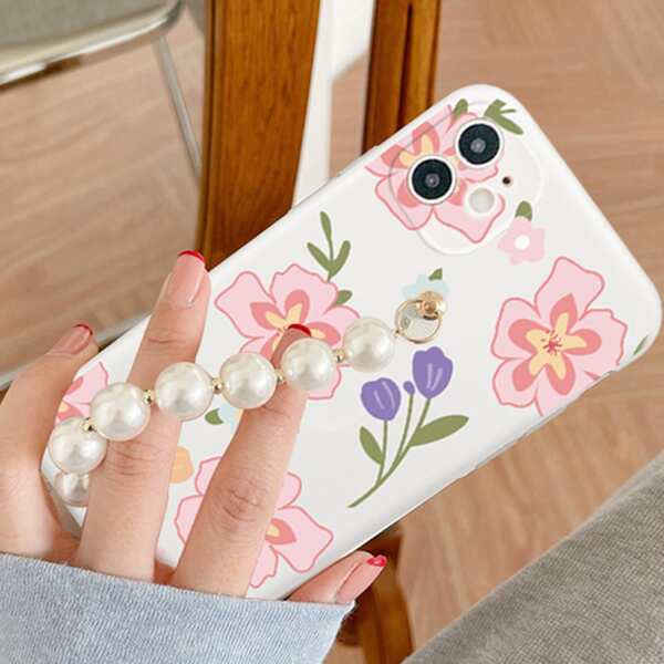 

Flower Print Phone Case With Faux Pearl Hand Strap, Multicolor