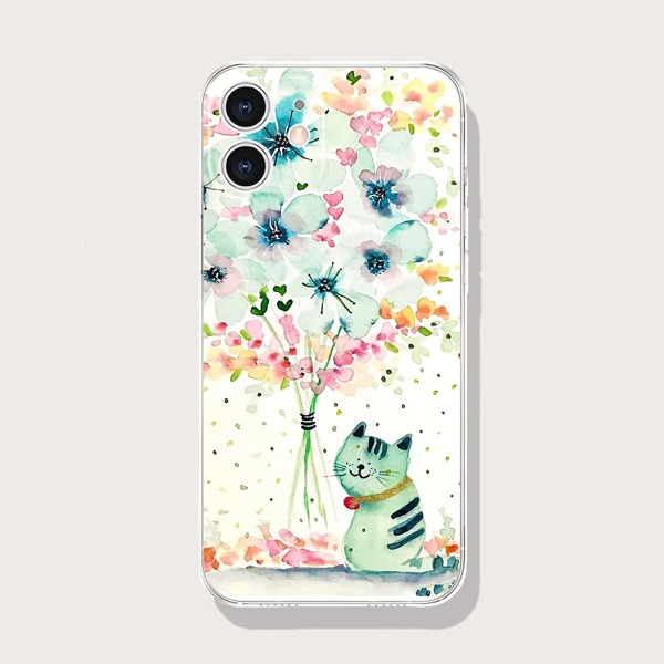 

Flower & Cat Print Phone Case, Multicolor