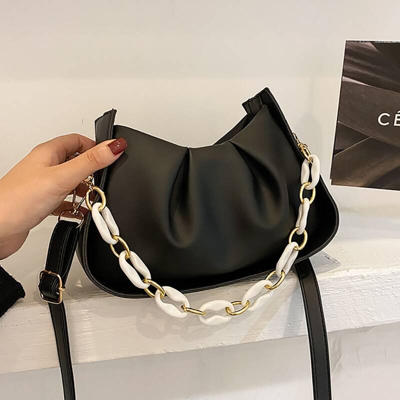 

Chain Decor Ruched Shoulder Bag, Black