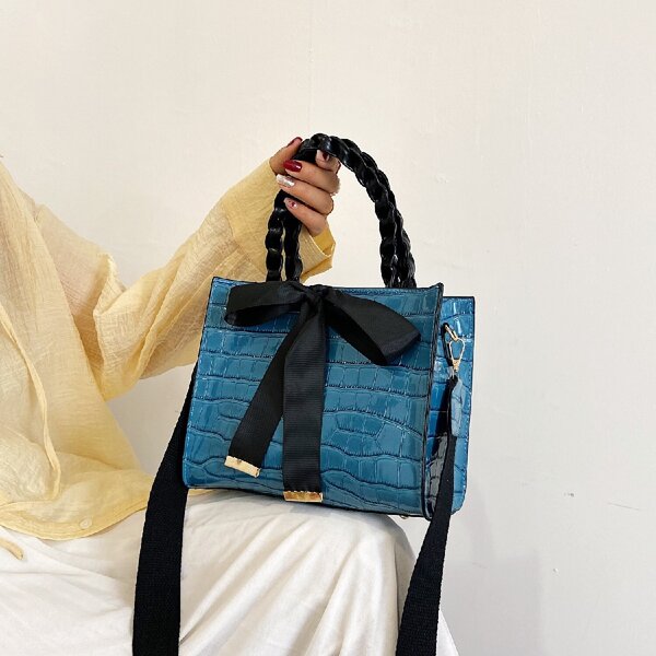 

Croc Embossed Bow Decor Satchel Bag, Blue