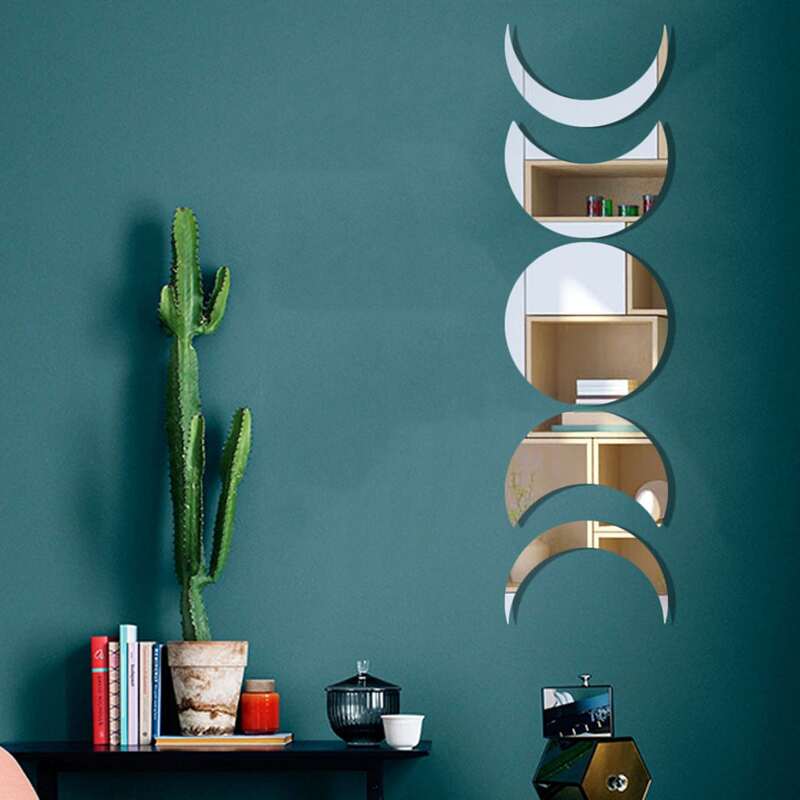 

5pcs Moon Shaped Mirror Wall Sticker, Silver