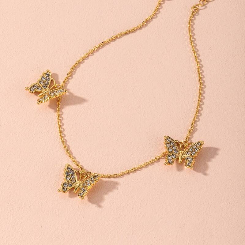 

Rhinestone Butterfly Chain Necklace, Gold