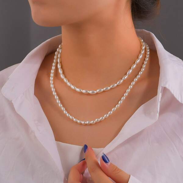 

Faux Pearl Layered Necklace, White