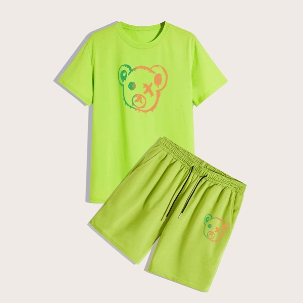 

Men Cartoon Graphic Tee & Shorts, Lime green