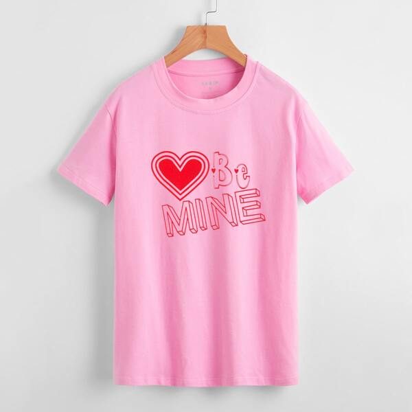 

Slogan & Heart Print Tee, Baby pink