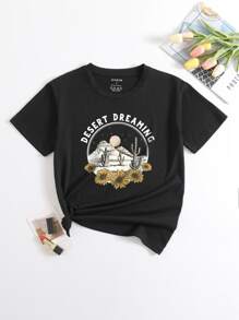 Camiseta con estampado de flor y desierto - Negro - Ver 1