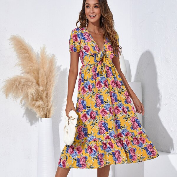 

Floral Print Ruffle Hem Dress, Multicolor