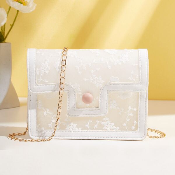 

Floral Embroidered Flap Chain Bag, White