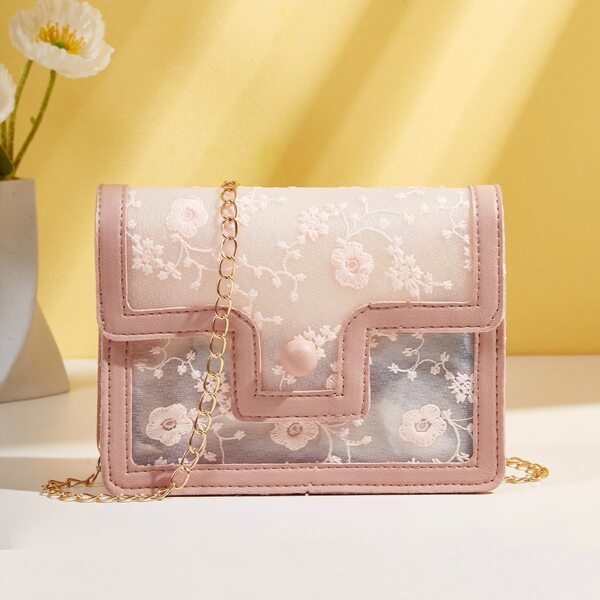

Floral Embroidered Flap Chain Bag, Pink