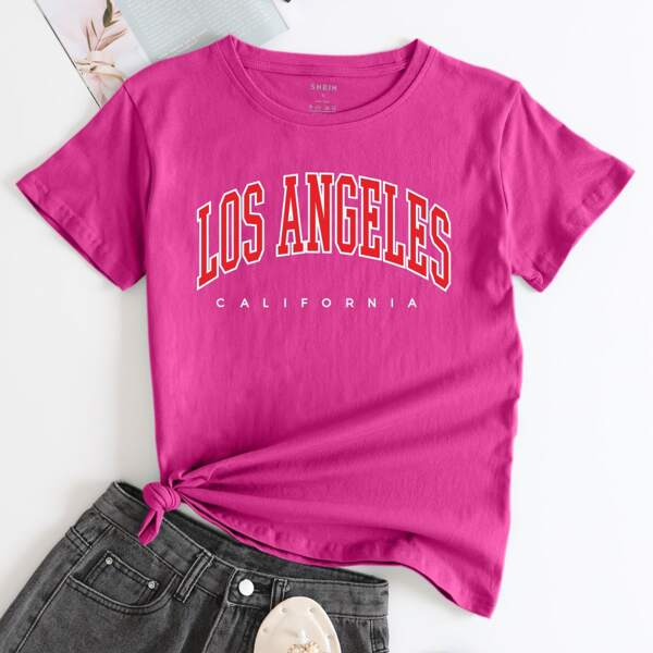 

Letter Graphic Round Neck Tee, Hot pink