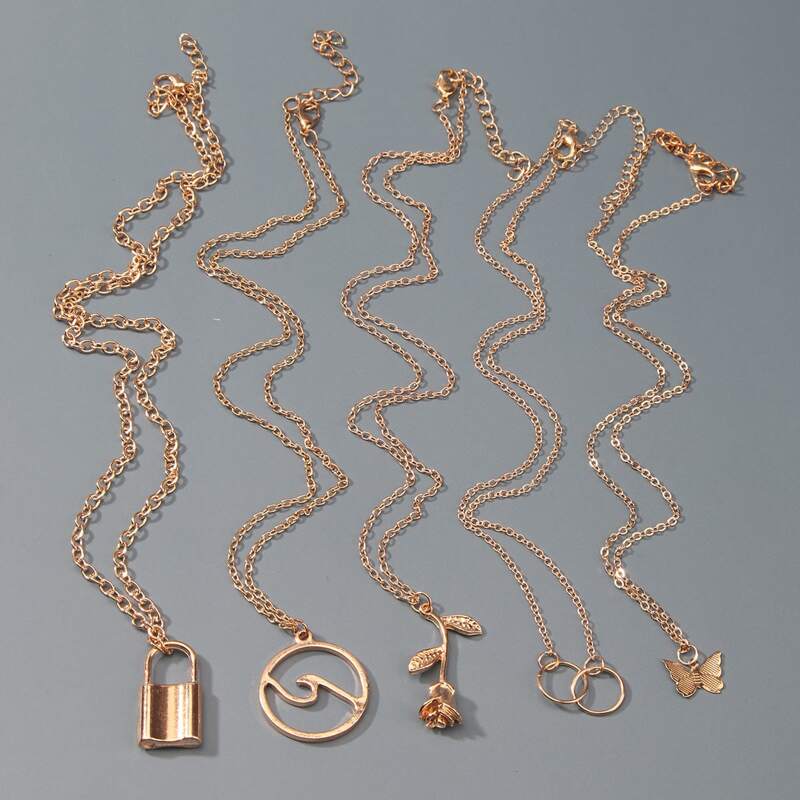 

5pcs Lock & Flower Pendant Necklace, Gold