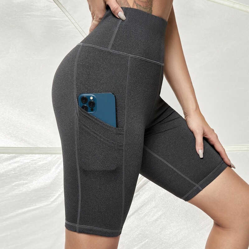 

Solid Sports Biker Shorts With Phone Pocket, Dark grey