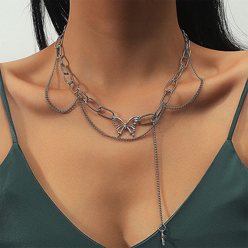 

Butterfly Layered Chain Necklace, Silver