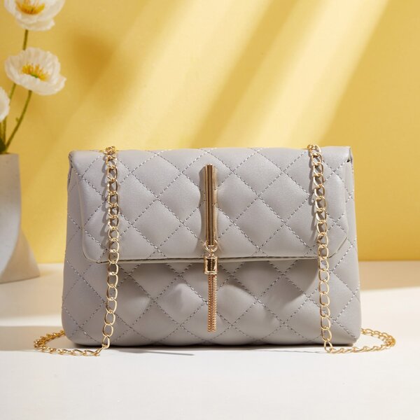 

Metal Tassel Charm Quilted Chain Bag, Grey